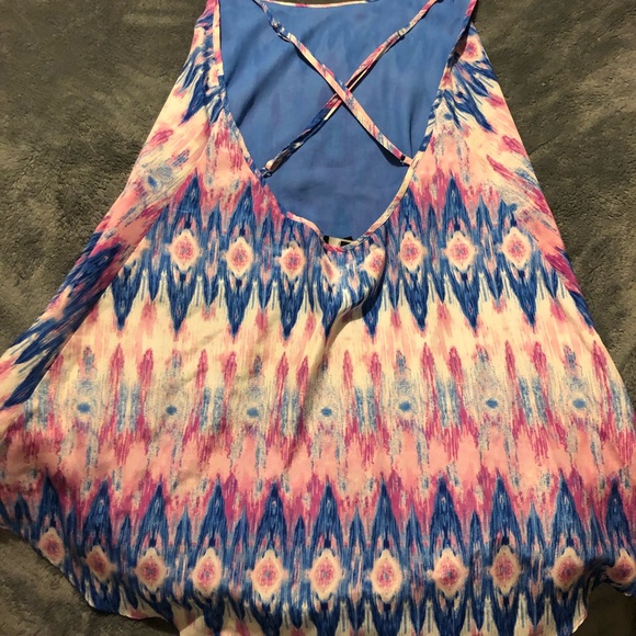 Womens Juniors Small FOREVER 21 Pink Blue Lined Cross Strap Top Festival - Picture 3 of 4